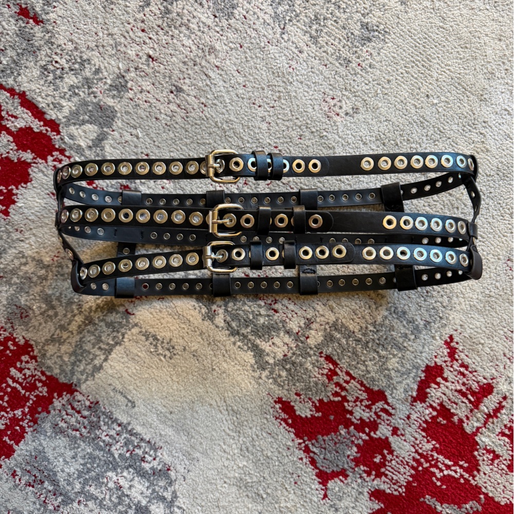 NWOT- Black Caged Leather Belt with silver eyelets- O/S